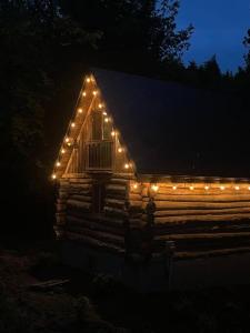 a log cabin with lights on it at night at John Wayne Cedar Oasis in Cookstown