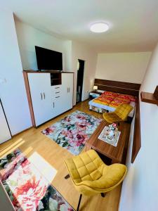 ein Wohnzimmer mit einem Sofa, einem Bett und einem TV in der Unterkunft Privat Agnesa in Zuberec