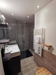 La salle de bains est pourvue d'une douche et d'un lavabo blanc. dans l'établissement Nouveau - Au coin du Château, à Nantes