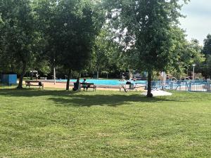 um parque com bancos e árvores e uma piscina em Katapult Apartman em Tiszafüred