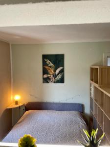 una camera con un letto e una foto appesa al muro di Casa Al Bottalino a Biella