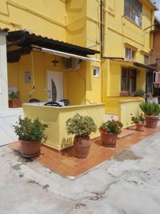 um edifício amarelo com vasos de plantas em frente em Casa vicino al mare em Piombino