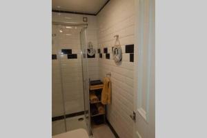 a bathroom with a shower and a toilet at Snug - Fountain Bank Apartment in Helensburgh