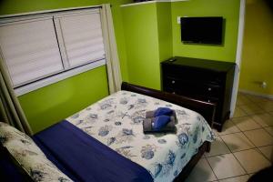 - une chambre avec un lit, une commode et une télévision dans l'établissement Relaxing 1bed 1bath Villa In Downtown Red Hook!, à Nazareth