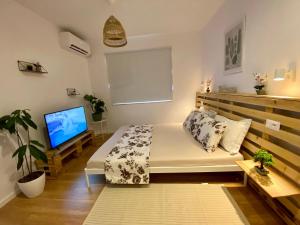 - un salon avec un lit et une télévision dans l'établissement Lucas Central Oasis Studios, à Tirana