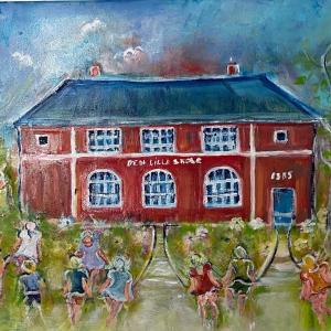 a painting of a house with people in front of it at Den lille Skole - Ferie på Ærø i Marstal by in Marstal