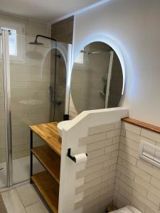 uma casa de banho com um chuveiro, um lavatório e um espelho. em L'escale des roses em Doué-la-Fontaine