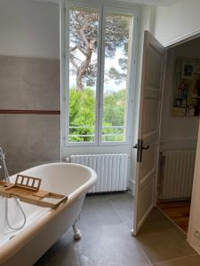 a white bath tub in a bathroom with a window at Clos des Oliviers in Mirepoix