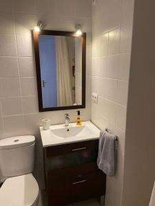 La salle de bains est pourvue de toilettes et d'un lavabo avec miroir. dans l'établissement Llafranc, soleado, 5 p, a 200 metros de la playa, à Llafranc