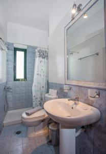 een badkamer met een wastafel, een toilet en een spiegel bij Villa Κτήμα Νικόλα in Likórrevma