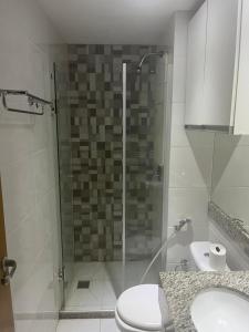 a bathroom with a shower and a toilet and a sink at Flat Aguas Claras 218 S4 in Brasilia