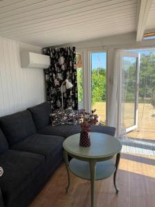 a living room with a blue couch and a table at Dejligt Tinyhouse i Gilleleje in Gilleleje