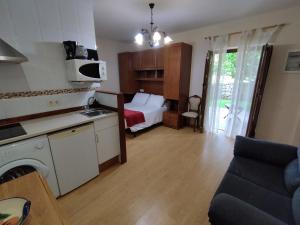 cocina y sala de estar con 1 cama en una habitación en Apartamentos Altamira, en Santillana del Mar