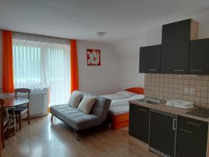 a kitchen and a living room with a couch and a table at Apartments and Rooms Martuljk in Kranjska Gora