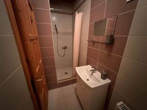 y baño con aseo, lavabo y ducha. en Virág Apartman, en Felsőtárkány