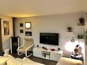 a living room with a television and a couch and a chair at Apartamento cerca pista de esqui La Molina con piscina y Jardín in La Molina