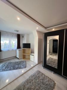 a large mirror in a living room with two rugs at Casa Roland in Sovata