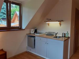a kitchen with a counter with a sink and a window at To Tutaj in Szklarska Poręba