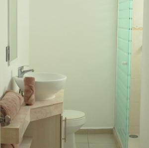 La salle de bains est pourvue d'un lavabo, de toilettes et d'une douche. dans l'établissement San Juan Apartament, à Uruapan del Progreso