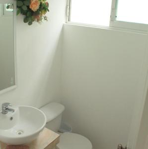 a bathroom with a sink and a toilet and a window at San Juan Apartament in Uruapan del Progreso
