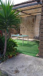 a green table sitting in the middle of a yard at Buen Retiro in Portoferraio