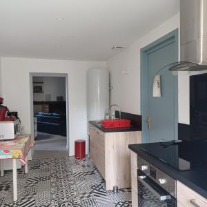 eine Küche mit einem roten Waschbecken und einer Theke in der Unterkunft Maison de village entre estuaire et océan in Saint-Yzans-de-Médoc