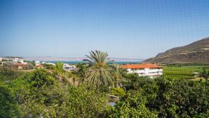 a village with a palm tree and houses and mountains at עדנת האוהבים - סוויטות מקסימות ליד הכנרת עם בריכה משותפת in Migdal