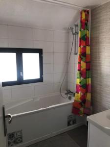 een badkamer met een bad, een raam en een douchegordijn bij Appartement atypique in Eslettes