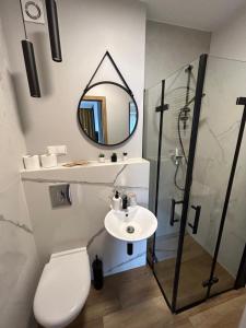 łazienka z toaletą, umywalką i prysznicem w obiekcie Nieborowska Loft - stylish apartment w Gdańsku