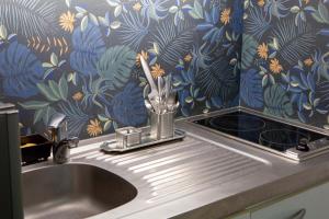a kitchen sink with a utensils in a holder at Résidence P&C Studio très agréable in Neuilly-sur-Marne