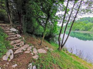 a set of stone steps next to a body of water at Pixie House - Mrežnica, private pier, hot tub in Gornji Zvečaj