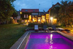 basen z fioletowymi światłami w ogrodzie w nocy w obiekcie Le Clos de Gally w mieście Chavenay