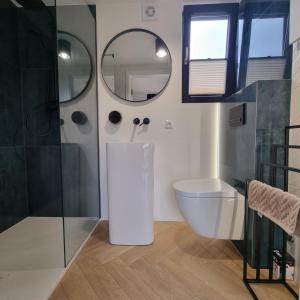 a bathroom with a shower and a toilet and a mirror at BOSKO domki z balią i sauną przy Gdańsku in Sulmin +46 photos