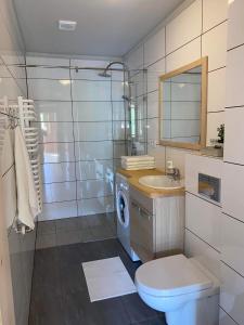 a bathroom with a toilet sink and a washing machine at PrzyStań w Gorcach in Konina