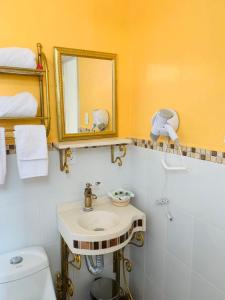 La salle de bains est pourvue d'un lavabo, d'un miroir et de toilettes. dans l'établissement Hotel Boutique Casona Mashei, à Tasquillo