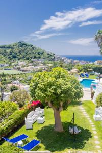 vistas a un árbol y sillas y a la piscina en Hotel La Luna en Ischia