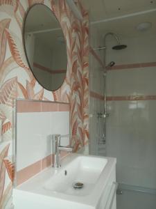 y baño con lavabo, espejo y ducha. en L'ÉCHAPPÉE BELLE, en Capdenac-Gare