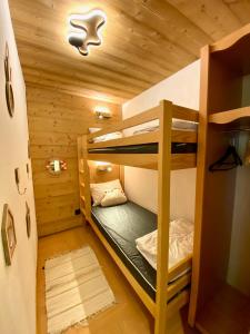 a bunk bed room with two bunk beds in a cabin at Appartement rénové 2 chambres vue pistes parking privatif in Les Orres