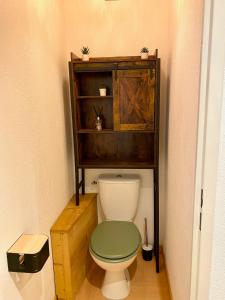 Un baño con un inodoro con tapa verde. en Appartement rénové 2 chambres vue pistes parking privatif, en Les Orres 22 fotos más