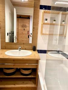 un baño con lavabo y espejo en Appartement rénové 2 chambres vue pistes parking privatif, en Les Orres