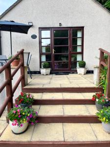 a patio with pots of flowers in front of a door at Wharf Cottage in Coalbrookdale