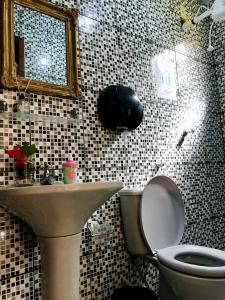 a bathroom with a toilet and a sink and a mirror at Hostel Uai in Ouro Preto