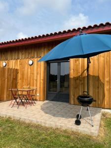 a grill and an umbrella on a patio at sasu eco nature in Vendays-Montalivet