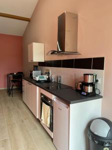a kitchen with a stove and a counter top at sasu eco nature in Vendays-Montalivet