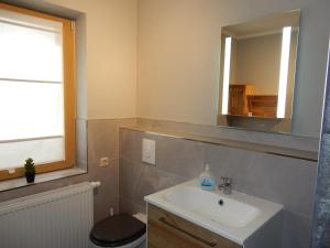 a bathroom with a sink and a toilet and a mirror at Feriengäste und Monteure in der Nähe von Berlin in Velten
