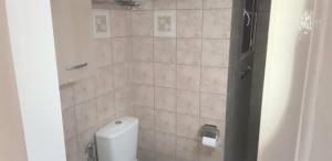 a bathroom with a white toilet and a shower at Luxury apartment 3 rooms near metro in Athens +40 photos