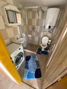 a small bathroom with a washing machine and a toilet at Apartmán Dobrá mysl in Hostinné