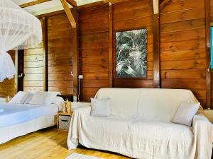 two beds and a couch in a room with wooden walls at Bungalow avec vue dans lieu calme in Le Carbet