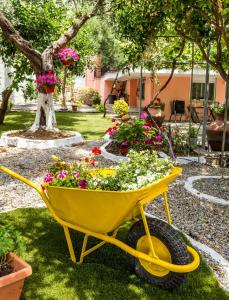 a yellow wheelbarrow filled with flowers in a garden at Ianos Apartments in Potos