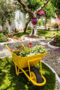 a yellow wheelbarrow filled with flowers in a garden at Ianos Apartments in Potos
